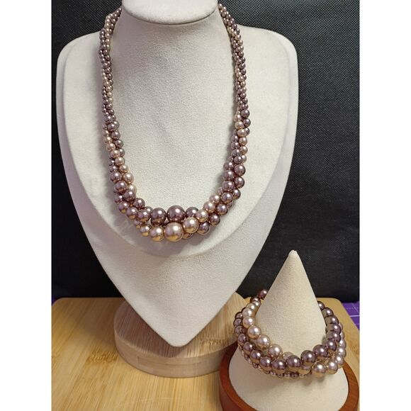 Vintage RMN ROMAN Signed Faux Pearl 3 Strand Necklace and RMN Matching Bracelets - Picture 1 of 11